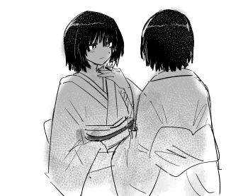 Rule 34 | 2girls, blush, bob cut, closed mouth, commentary, cropped torso, facing away, fatal frame, fatal frame ii: crimson butterfly, greyscale, hands up, highres, japanese clothes, kimono, kurosawa sae, kurosawa yae, long sleeves, looking at another, monochrome, multiple girls, obi, obijime, rog 33, sash, short hair, siblings, simple background, sisters, standing, twins, untranslatable commentary, upper body, white background