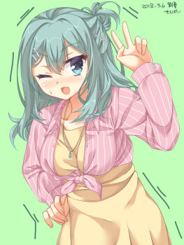 1girl 2018 ;d aqua_eyes aqua_hair blush breasts character_name charo_(meme) commentary_request cowboy_shot dated dress fuyukichi_(nikoniko1567) hair_between_eyes hair_ornament hairclip half_updo hand_on_own_hip hand_up highres jewelry large_breasts long_hair long_sleeves meme motion_lines necklace nose_blush one_eye_closed open_clothes open_mouth open_shirt parallel_hairclips partial_commentary pink_shirt ponytail riddle_joker shikibe_mayu shirt short_ponytail smile solo striped_clothes striped_shirt sweatdrop v vertical-striped_clothes vertical-striped_shirt x_hair_ornament yellow_dress