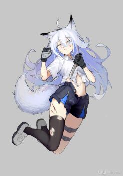 1girl animal_ears black_gloves black_shorts blue_eyes blue_hair blue_shorts combat_knife cuts fox_ears fox_girl fox_tail full_body gloves gradient_hair grey_background heterochromia highres holding holding_knife injury jerry_wang knife layered_shorts long_hair looking_at_viewer multicolored_hair navel original partially_unbuttoned purple_hair reverse_grip shoes short_sleeves shorts simple_background single_thighhigh skirt stomach streaked_hair tail thigh_strap thighhighs torn_clothes torn_skirt torn_thighhighs weapon white_hair white_shoes yellow_eyes