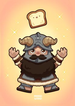 1boy arms_up beard bread brown_hair chibi derivative_work dungeon_meshi dwarf facial_hair fake_horns food full_body helmet highres horned_helmet horns loaf_of_bread long_beard looking_at_viewer male_focus momo_woko mustache screenshot_redraw senshi_(dungeon_meshi) solo star_(symbol) star_symbol_background thick_mustache very_long_beard