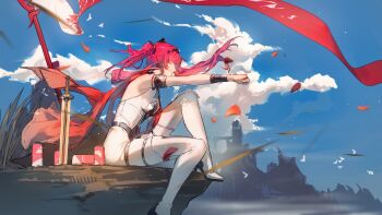 1girl absurdres armlet armored_bodysuit backless_bodysuit banner bare_arms blue_sky bodysuit boots can cape castle chinese_commentary clenched_hand cliff closed_eyes cloud commentary diffraction_spikes drink_can floating_cape floating_hair foot_out_of_frame from_side grass hand_on_own_knee high_heels highres jewelry knee_up lupa_(wuthering_waves) metal_wrist_cuffs outdoors outstretched_arm planted planted_sword planted_weapon red_cape red_hair ring silver_armlet simple_bird sitting sky sleeveless sleeveless_bodysuit smile solo sword thigh_boots twintails weapon white_bodysuit white_boots wuthering_waves xiao&#039;er_yushiwuzheng