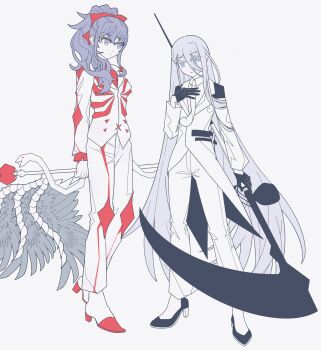 Rule 34 | 2girls, aaa tcylpfzx, asahina mafuyu, black gloves, bow, da capo (e.g.o), e.g.o (project moon), full body, gloves, hair bow, highres, holding, holding scythe, holding staff, jacket, lobotomy corporation, long hair, multiple girls, necktie, pants, paradise lost (e.g.o), project moon, project sekai, red bow, red necktie, scythe, shoes, staff, very long hair, white hair, white jacket, white necktie, white pants, white shoes, yoisaki kanade