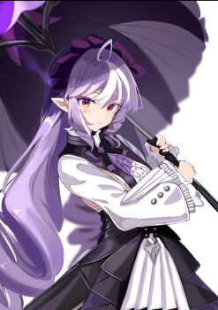 Rule 34 | 1girl, ahoge, ascot, azuki pii, bow, bowtie, commentary request, crying, crying with eyes open, drill hair, gem, hairband, highres, holding, holding umbrella, long hair, looking at viewer, mole, mole under eye, multicolored hair, pointy ears, purple ascot, purple bow, purple bowtie, purple gem, purple hair, purple hairband, purple umbrella, red eyes, shirt, shrug (clothing), sideboob cutout, solo, streaked hair, tears, umbrella, upper body, vivian banshee, white background, white shirt, white shrug, zenless zone zero