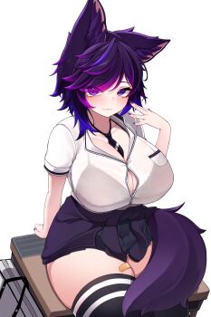Rule 34 | 1girl, 5danny1206, absurdres, animal ear fluff, animal ears, arm support, bandaid, bandaid on leg, between breasts, black thighhighs, blush, breasts, cleavage, clothes around waist, curvy, eyes visible through hair, fox ears, fox girl, fox tail, highres, huge breasts, large breasts, looking at viewer, medium hair, necktie, necktie between breasts, original, pleated skirt, purple eyes, purple hair, purple nails, shirt, sitting, skirt, solo, sweater, sweater around waist, tail, thick thighs, thighhighs, thighs, undersized clothes, white background, white shirt
