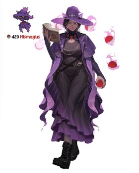 1girl absurdres bag black_dress black_hair black_shoes book breasts bridal_gauntlets coat colored_sclera commentary dress floating floating_object gen_4_pokemon glasses hat hat_with_ears highres holding holding_book holding_poke_ball mature_female medium_breasts mismagius nintendo open_book personification poke_ball poke_ball_(basic) pokemon purple_coat red_eyes reference_inset shoes shoulder_bag smile solo telekinesis umber witch_hat yellow_sclera