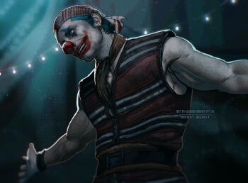 1boy armpit_peek bandana blue_hair buggy_the_clown clown_nose dark evil_smile head_tilt highres looking_ahead male_focus muscular muscular_male one_piece one_piece_(live_action) outstretched_arms pectorals pirate red_nose short_hair sideburns smile solo sparse_stubble spread_arms tsurime umikochannart upper_body