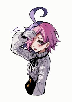 1girl ahoge frills gloves hair_over_one_eye highres honkai_(series) honkai_gakuen long_sleeves looking_at_viewer multicolored_hair open_mouth purple_eyes sharp_teeth shirt short_hair simple_background sin_mal sin_mal0909 teeth two-tone_hair white_background white_gloves white_shirt