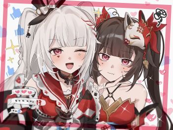 Rule 34 | 21syn q (gohan), 2girls, absurdres, bare shoulders, black choker, brown hair, choker, commentary request, diamond (shape), diamond facial mark, dual persona, facial mark, fox mask, hand on another's face, hat, heart, heart facial mark, highres, honkai: star rail, honkai (series), livestream, long hair, looking at viewer, mask, mini hat, mini top hat, multiple girls, one eye closed, pink eyes, sparkle (honkai: star rail), sparxie (honkai: star rail), symbol-shaped pupils, top hat, white hair