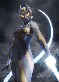 1girl absurdres alien boshi_(atuki_mk2) breast_apart breasts building camearra camearra_whip chest_jewel cloud cloudy_sky color_timer destruction energy energy_weapon energy_whip flying gem gem_on_head giant giantess glowing glowing_eyes glowing_gem highres ice ice_weapon ice_whip kaijin kaiju looking_at_viewer looking_down monster no_pupils overcast rain seijin shibito-zoiger sky supervillain tsuburaya_productions ultra_series ultraman_tiga:_the_final_odyssey ultraman_tiga_(series) weapon whip wings yellow_eyes zoiger