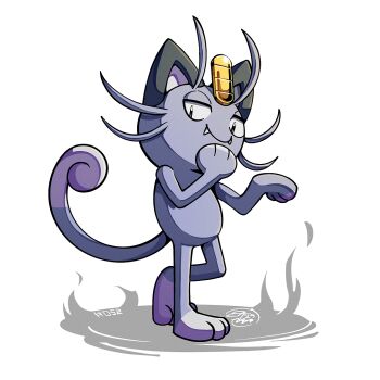 alolan_form alolan_meowth fangs full_body gen_7_pokemon grey_fur looking_at_viewer mistray-art nintendo no_humans pokemon pokemon_(creature) signature simple_background solo standing tail white_background