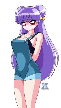 1girl absurdres arms_behind_back black_bra bow bra breasts cleavage double_bun hair_bow hair_bun highres long_hair looking_at_viewer megaphilx overall_shorts overalls purple_hair ranma_1/2 red_eyes shampoo_(ranma_1/2) smile solo underwear