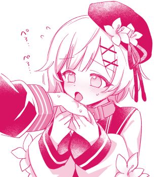 2girls animal_collar beret blush collar commentary_request flower flying_sweatdrops hair_ornament hand_grab hands_up hat hat_flower highres licking_another's_hand long_sleeves mahou_shoujo_no_majo_saiban monochrome multiple_girls nikaido_hiro open_mouth out_of_frame pink_theme puffy_long_sleeves puffy_sleeves sakuraba_ema short_hair simple_background solo_focus suno_(imydream) sweatdrop upper_body white_background x_hair_ornament yuri