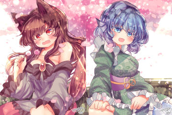 Rule 34 | 1other, 2girls, :o, animal ears, black trim, blue eyes, blue hair, breasts, brooch, brown hair, cherry blossoms, cleavage, commentary request, dango, disembodied hand, dress, drill hair, falling leaves, fang, fins, food, frilled kimono, frilled sleeves, frills, green kimono, grey dress, head fins, highres, holding, holding food, holding hands, imaizumi kagerou, japanese clothes, jewelry, kemo chiharu, kimono, large breasts, layered kimono, leaf, light particles, long hair, long sleeves, looking at viewer, mermaid, monster girl, multiple girls, obi, obijime, off-shoulder dress, off shoulder, open mouth, pink background, pov, purple sash, red dress, red eyes, ribbon, sash, short hair, signature, smile, swept bangs, touhou, twin drills, two-tone dress, upper body, wagashi, wakasagihime, white background, wide sleeves, wolf ears, wolf girl, yellow ribbon