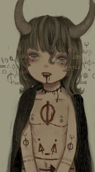 1girl absurdres blood blood_from_neck blood_in_mouth blood_writing body_markings body_writing dazed flat_chest goat_girl goat_horns green_background grey_eyes grey_hair highres horizontal_pupils horns kapura loli medium_hair navel nude original solo symbolism upper_body wavy_hair