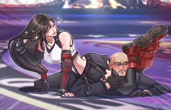 1boy 1girl artist_name bald bare_shoulders black_gloves black_hair black_skirt black_sports_bra black_thighhighs blurry blurry_background blush boots breasts closed_eyes closed_mouth commentary crop_top duel elbow_gloves emphasis_lines english_commentary final_fantasy final_fantasy_vii final_fantasy_vii_rebirth final_fantasy_vii_remake fingerless_gloves foot_up full_body gloves hand_in_own_hair hand_on_another&#039;s_leg highres jacket large_breasts lips long_hair low-tied_long_hair lying midriff narrow_waist on_stomach pants photo-referenced pink_lips red_boots rivarizu rude_(ff7) scissorhold skirt sparkle sports_bra suit_jacket sunglasses suspender_skirt suspenders swept_bangs tank_top thighhighs tifa_lockhart tokyo_joshi_pro_wrestling turks_(ff7) white_tank_top wrestling