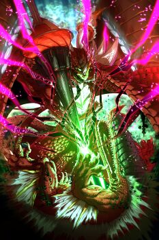 absurdres claws colored_skin crocodile crocodilian demon digimon digimon_(creature) dinosaur_boy dragon examon gerusyu green_eyes grin highres holding horns knight lance oversized_wings leviamon monster no_humans open_mouth polearm red_eyes red_skin sharp_teeth smile tail teeth weapon wings