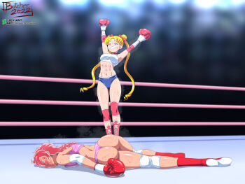 2girls ass bikini bishoujo_senshi_sailor_moon boxing boxing_gloves boxing_ring butcherstudios catfight character_request defeat fighting multiple_girls original sailor_moon smile swimsuit tagme