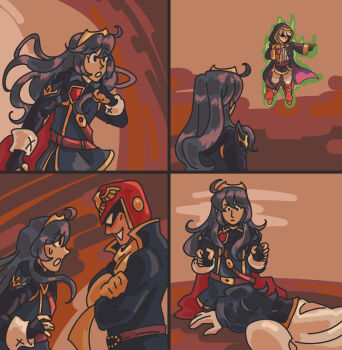 1girl 3boys blue_hair book cape captain_falcon chrom_(fire_emblem) comic crossed_arms f-zero fire_emblem fire_emblem_awakening flying gloves grin helmet highres hood hood_up long_hair looking_at_another loss_(meme) lucina_(fire_emblem) multiple_boys nintendo pointing robin_(fire_emblem) scarf smile sunglasses super_smash_bros. white_hair