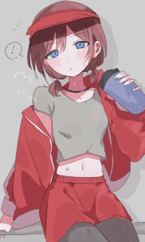 Rule 34 | !, 1girl, :o, arm at side, blue eyes, blush, brown hair, character request, choker, commentary request, copyright request, cowboy shot, crop top, cropped shirt, grey background, grey shirt, hand up, highres, holding, jacket, long sleeves, low twintails, midriff, na (niruo3), navel, notice lines, open clothes, open jacket, parted lips, red eyes, red shorts, shirt, short hair, short sleeves, short twintails, shorts, simple background, single off shoulder, sitting, sketch, solo, speech bubble, spoken exclamation mark, steaming body, sweat, twintails, variant set