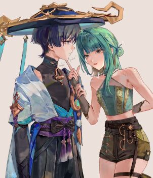 1boy 1girl aqua_gem arm_at_side arm_behind_back armor asymmetrical_sidelocks bare_shoulders belt black_belt black_bodysuit black_bow black_hair black_shorts blue_eyes blue_hat blue_kimono blue_sleeves blunt_bangs blunt_ends bodysuit bow bridal_gauntlets closed_mouth criss-cross_halter cropped_shirt eyelashes eyeliner feathers gem genshin_impact gold green_hair green_shirt grey_bridal_gauntlets grey_eyes hair_bun halterneck hand_on_another's_chin hand_up hat highres holding_another's_arm index_finger_raised japanese_armor japanese_clothes jingasa juban kimono kote kurokote layered_sleeves leaning_to_the_side lic_617 looking_at_another looking_to_the_side makeup mandarin_collar midriff oc_x_canon open_clothes open_kimono open_mouth original poking pom_pom_(clothes) purple_rope purple_sash red_eyeliner rope sash scaramouche_(genshin_impact) shirt short_hair short_sleeves shorts shoulder_peek sidelocks single_side_bun sleeveless sleeveless_shirt tassel teasing thigh_strap tsurime vision_(genshin_impact) wanderer_(genshin_impact) white_kimono white_sleeves yellow_feathers