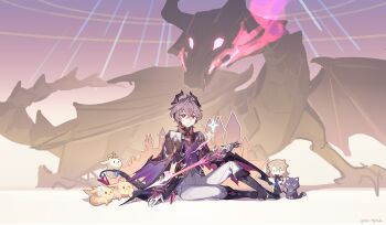 1boy 1girl absurdres albedo_(genshin_impact) book boots bright_pupils character_doll chinese_commentary commentary_request diamond-shaped_pupils diamond_(shape) dodoco_(genshin_impact) doll dragon dragon_boy dragon_horns dragon_tail dragon_wings durin_(genshin_impact) genshin_impact gloves hair_between_eyes highres holding horns indoors instrument looking_at_viewer male_focus nenggong_zhiren pants parted_lips purple_eyes purple_hair red_eyes scaramouche_(cat)_(genshin_impact) scaramouche_(genshin_impact) short_hair sitting solo symbol-shaped_pupils tail weapon white_pants white_pupils wings