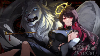 1girl bare_shoulders black_dress blue_archive blue_eyes breasts brown_hair character_request china_dress chinese_clothes commentary dress fangs halo holding holding_smoking_pipe lion medium_breasts multicolored_hair otter_paw_(otter696969) pink_eyes pink_hair sharp_teeth smoking_pipe teeth two-tone_hair yellow_halo