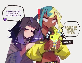 2girls aqua_hair bandeau black_hair blonde_hair canari_(pokemon) closed_eyes commentary dark-skinned_female dark_skin english_commentary english_text gen_4_pokemon grey_background gwynn_(pokemon) highres holding holding_phone multicolored_hair multiple_girls nintendo phone pokemon pokemon_legends:_z-a purple_hair rotom rotom_phone simple_background speech_bubble togekk0 twintails yellow_bandeau yuri