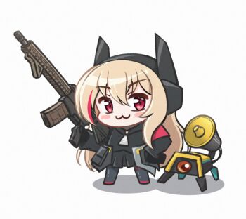 1girl :3 apple assault_rifle banana_(girls&#039;_frontline) black_gloves black_hairband black_jacket black_skirt black_thighhighs blonde_hair blush chibi commentary double-parted_bangs eotech food fruit full_body girls&#039;_frontline gloves gun hair_between_eyes hairband headgear hood hood_down hooded_jacket jacket jiwon_(sj1) long_hair long_sleeves looking_at_viewer m4_carbine m4_sopmod_ii_(girls&#039;_frontline) magazine_(weapon) multicolored_hair muzzle_device pleated_skirt red_eyes red_hair rifle shadow sidelocks simple_background skirt solo standing streaked_hair thighhighs very_long_hair weapon white_background