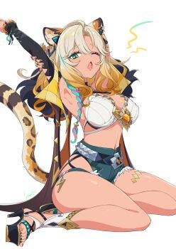 1girl animal_ears armpits blonde_hair breasts commentary_request denim denim_shorts genshin_impact green_eyes high_heel_sandals high_heels highres jewelry kamuraaa_615 large_breasts leopard_ears leopard_tail long_hair midriff one_eye_closed pendant ring sandals shorts signature sitting stretching tail vision_(genshin_impact) white_background xilonen_(genshin_impact) yawning yokozuwari