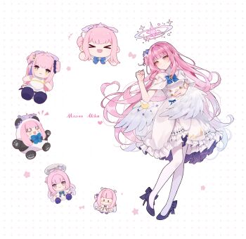 Rule 34 | 1girl, absurdres, angel wings, black shoes, blue archive, blue bow, blue hair, bow, breasts, capelet, character doll, character name, commentary, doll, dress, feathered wings, flower, gradient hair, hair bun, hair flower, hair ornament, halo, hand up, high heels, highres, if happiness is a circle (meme), long hair, looking at viewer, low wings, lying, medium breasts, meme, mika (blue archive), multicolored hair, on back, open mouth, pantyhose, pink hair, pink halo, qianhai chu ui, shoes, sidelocks, simple background, single side bun, smile, solo, stuffed toy, very long hair, white background, white capelet, white dress, white pantyhose, white wings, wing ornament, wings, yellow eyes