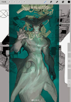 Rule 34 | 1boy, aatrox, art program in frame, bara, cloaca, cowboy shot, demon boy, demon wings, hand up, highres, horns, large pectorals, league of legends, looking at viewer, male focus, merman, monster boy, monsterification, muscular, muscular male, nipples, nude, pectorals, solo, unfinished, webbed hands, wings, xkov (cerberuskeeper)