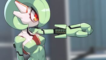 1girl blurry blurry_background bob_cut breasts colored_skin drunkoak female_focus gardevoir gen_3_pokemon green_hair green_leotard green_skin highres humanoid_robot indoors joints leotard mechanization medium_breasts multicolored_skin nintendo pokemon pokemon_(creature) profile red_eyes robot robot_joints shiny_skin short_hair solo standing strapless strapless_leotard two-tone_skin upper_body white_skin