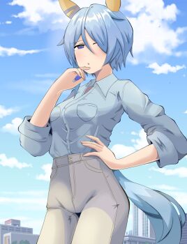 1girl animal_ears blue_eyes blue_hair blue_shirt blue_sky blush breasts casual cloud collared_shirt commentary_request ear_covers grey_pants hair_between_eyes highres horse_ears horse_girl horse_tail k.s.miracle_(casual)_(umamusume) k.s.miracle_(umamusume) long_sleeves looking_at_viewer medium_breasts one_eye_closed pants parted_lips shirt short_hair sky solo tail takobutter umamusume white_pants