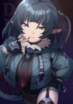 1girl absurdres animal_ears black_gloves black_hair black_necktie black_shorts blue_eyes breasts comiket_107 commentary_request cowboy_shot dark_background earrings finger_to_mouth fingerless_gloves fur-trimmed_jacket fur_trim garter_straps gloves grey_jacket high-waist_shorts highres jacket jane_doe_(zenless_zone_zero) jewelry kirima_(kirim_ld_0617) large_breasts leaning_forward long_hair long_tail looking_at_viewer mouse_ears mouse_girl mouse_tail multicolored_hair necktie notched_ear pantyhose parted_lips red_hair red_nails red_necktie sharp_tail shorts single_garter_strap single_leg_pantyhose single_thighhigh solo tail thighhighs torn_clothes torn_pantyhose two-tone_necktie zenless_zone_zero