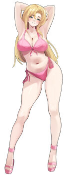 1girl arms_behind_head bikini blonde_hair blue_eyes breasts cleavage commentary english_commentary front-tie_bikini_top front-tie_top full_body highres large_breasts long_hair open-toe_shoes original oro_(aaaoro) parted_lips pink_bikini side-tie_bikini_bottom simple_background smile solo standing swimsuit white_background