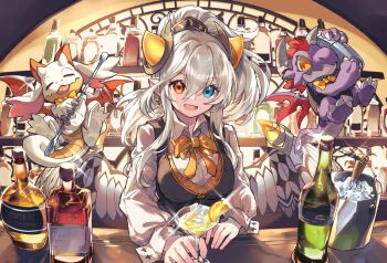 1girl :d absurdres alcohol bar_(place) bar_stool bartender blue_eyes bottle bow bowtie breasts cocktail cocktail_glass cup dragon dragon_girl dragon_horns dragon_wings drinking_glass hair_between_eyes heterochromia highres horns ice ideal_(p&amp;d) kuuron_(moesann17) large_breasts liquor long_hair open_mouth puzzle_&amp;_dragons red_eyes smile solo stool vest waistcoat whiskey white_hair wine_bottle wings yellow_bow yellow_bowtie