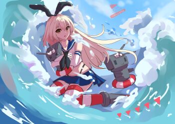 >_< 1girl absurdres auna2434 black_neckerchief black_panties blonde_hair blue_sailor_collar character_name elbow_gloves gameplay_mechanics gloves health_bar highleg highleg_panties highres kantai_collection long_hair looking_at_viewer microskirt midriff neckerchief panties rensouhou-chan sailor_collar school_uniform shimakaze_(kancolle) skirt solo striped_clothes striped_thighhighs thighhighs underwear user_interface waves white_gloves world_of_warships