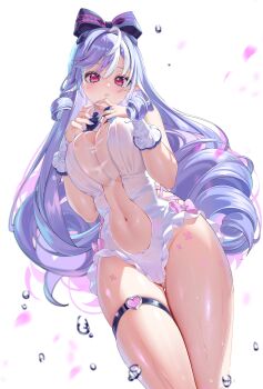 Rule 34 | 1girl, absurdres, areola slip, blush, breasts, closed mouth, clothing cutout, commentary, drill hair, falling petals, fingernails, highres, kururu (qqqqq59508750), long hair, looking at viewer, nail polish, navel, official alternate costume, one-piece swimsuit, paid reward available, petals, pointy ears, purple hair, purple nails, red eyes, revealing clothes, revision, see-through clothes, see-through one-piece swimsuit, simple background, smile, solo, stomach, stomach cutout, swimsuit, thigh strap, very long hair, vivian banshee, vivian banshee (iris of the shore), water drop, white background, zenless zone zero