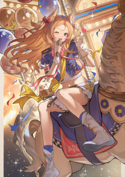 Rule 34 | 1girl, ;d, absurdres, animal ears, archetto (arknights), archetto (publicity strategy) (arknights), arknights, balloon, blue eyes, blue jacket, blue socks, boots, brown hair, carousel, confetti, crop top, fingerless gloves, floating hair, forehead, gloves, hands up, highres, holding, holding microphone, jacket, lion ears, long hair, looking at viewer, microphone, midriff, navel, one eye closed, open clothes, open jacket, open mouth, pleated skirt, shirt, short sleeves, skirt, smile, socks, solo, textless version, v.ia, very long hair, white boots, white gloves, white shirt, white skirt