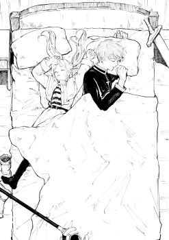 1boy 1girl bed bed_sheet black_jacket black_pantyhose boots capelet closed_eyes commentary_request elf frieren greyscale highres himmel_(sousou_no_frieren) jacket long_hair monochrome nya_pe pantyhose parted_bangs parted_lips pillow pointy_ears shirt short_hair skirt sousou_no_frieren staff stretching striped_clothes striped_shirt sword twintails under_covers unworn_boots weapon white_capelet white_jacket white_skirt