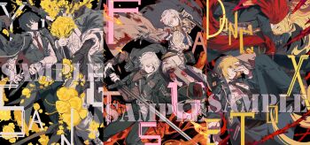 Rule 34 | 2boys, 4girls, absurdres, badge, belt, black background, black coat, black hair, black jacket, black necktie, black pants, black vest, blonde hair, blood, blood in hair, blood on clothes, blue eyes, branch, brown sweater, cape, chain, character name, chinese commentary, coat, coat on shoulders, collared shirt, dagger, don quixote (project moon), dual persona, e.g.o (project moon), faust (project moon), feather boa, fire, flower, folding fan, gauntlets, green eyes, grey cape, grey jacket, hanbok, hand fan, hand on headwear, highres, holding, holding dagger, holding fan, holding knife, holding nail, holding sword, holding weapon, itokenaikei, jacket, knife, korean clothes, la manchaland (identity) (project moon), lapels, limbus company, long hair, long sleeves, looking at another, medium hair, multicolored hair, multiple boys, multiple girls, n corp. fanatic (identity) (project moon), nail (hardware), necktie, notched lapels, orange eyes, pants, project moon, red necktie, shirt, short hair, single gauntlet, spicebush (e.g.o), streaked hair, sweatdrop, sweater, sword, technology liberation alliance (identity) (project moon), turtleneck, turtleneck sweater, vest, weapon, white hair, white hanbok, white shirt, wide sleeves, yellow flower, yi sang (project moon), zweihander