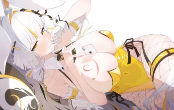 Rule 34 | 1girl, absurdres, ace (playing card), ace of hearts, animal ear hairband, animal ears, armband, arrow hair ornament, bare shoulders, between breasts, black bow, black bowtie, black survival, blunt bangs, blush, body writing, bow, bowtie, breasts, card, cleavage, collarbone, colored inner hair, commentary, commission, covered navel, detached collar, drawn heart, english commentary, eternal return: black survival, fake animal ears, fishnet pantyhose, fishnets, frilled armband, frills, gloves, gold trim, hair intakes, hair spread out, hairband, hand to own mouth, hands up, heart, highres, large breasts, leotard, long hair, looking at viewer, lying, minami rio, minami rio (winning shot), multicolored hair, official alternate costume, on side, pantyhose, partially fingerless gloves, pixiv commission, playboy bunny, playing card, rabbit ears, schoppi 0731, simple background, single glove, solo, strapless, strapless leotard, streaked hair, thigh strap, thighs, very long hair, wavy mouth, white background, white gloves, white hair, white wrist cuffs, wrist cuffs, yellow eyes, yellow leotard