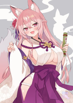 1girl ahase_hino animal_ear_fluff animal_ears blush braid breasts cleavage clothing_cutout commentary_request cowboy_shot detached_sleeves fang flower fox_ears fox_tail hair_flower hair_ornament hakama hakama_skirt highres hip_vent holding japanese_clothes kimono kitsune kudagitsune large_breasts long_hair looking_at_viewer open_mouth original pink_eyes pink_hair purple_hakama red_flower sideboob skin_fang skirt smile solo spider_lily tail underboob very_long_hair