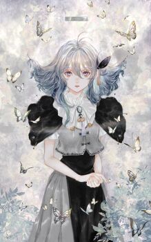 1girl antenna_hair blue_eyes blue_hair brooch bug butterfly ciel_(kamitsubaki_studio) dress floating_hair hashtag-only_commentary highres insect jewelry kamitsubaki_studio looking_at_viewer medium_hair own_hands_together parted_lips shirone_(coxo_ii) solo