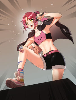 1girl arm_out_of_sleeve armpits bandaid bandaid_on_knee bandaid_on_leg belt black_jacket black_shorts commentary_request curtained_hair emphasis_lines eyelashes green_eyes grey_background hanako_nana hand_up highres holding holding_microphone jacket korean_commentary leg_up linea_alba long_hair microphone multicolored_sports_bra navel no_shirt open_clothes open_jacket open_mouth paint_on_body paint_splatter pink_belt pink_hair pink_sports_bra ponytail print_sports_bra rude_ruin shoes short_shorts shorts smile solo sports_bra stellive stomach toned toned_female virtual_youtuber