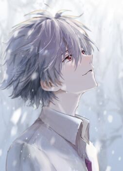 1boy adam&#039;s_apple collared_shirt commentary from_side grey_hair hair_between_eyes highres looking_up male_focus nagisa_kaworu neon_genesis_evangelion parted_lips purple_shirt red_eyes shirt short_hair solo soraaaa53 symbol-only_commentary tears teeth white_shirt