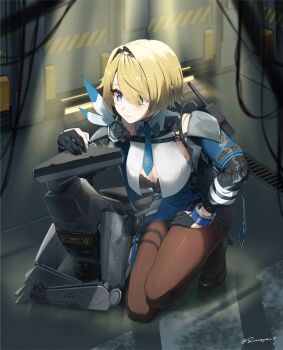 1girl absurdres artist_name black_bra black_gloves black_hairband black_jacket black_pantyhose black_shoes blonde_hair blue_eyes blue_necktie blue_skirt blush bra breasts cleavage girls&#039;_frontline girls&#039;_frontline_2:_exilium gloves hair_intakes hair_over_one_eye hairband high_heels highres indoors jacket kulich_(girls&#039;_frontline_2) looking_at_another mole mole_under_eye necktie nikketa_(girls&#039;_frontline_2) non-humanoid_robot open_clothes open_jacket pantyhose petting robot robot_animal robot_dog s-masa_7131 shoes short_hair short_necktie skirt squatting underwear vsk-94_(girls&#039;_frontline)