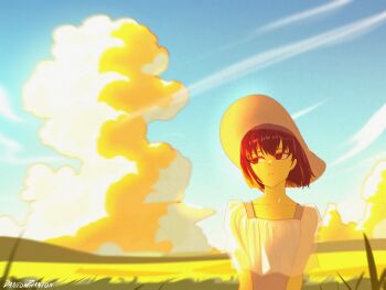 1girl absurdres black_eyes black_hair blue_sky breasts cloud dantonphanton dress fate/grand_order fate_(series) hat highres kuonji_alice looking_to_the_side mahou_tsukai_no_yoru short_hair sky small_breasts solo sun_hat white_dress white_hat