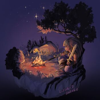 Rule 34 | 1boy, artist name, blue pants, brown hair, bush, campfire, chibi, closed mouth, commentary request, creature, dated, duran (seiken densetsu 3), grass, green helmet, hair slicked back, helmet, highres, holding, holding stick, holding sword, holding weapon, male focus, outdoors, pants, seiken densetsu, seiken densetsu 3, sitting, sky, star (sky), starry sky, stick, stoking, sword, taruneko2006, tree, under tree, weapon