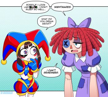 2girls button_eye dress glitch_productions gloves hat highres jester jester_cap multicolored_eyes multiple_girls nico-neko pomni_(the_amazing_digital_circus) ragatha_(the_amazing_digital_circus) red_hair short_hair the_amazing_digital_circus